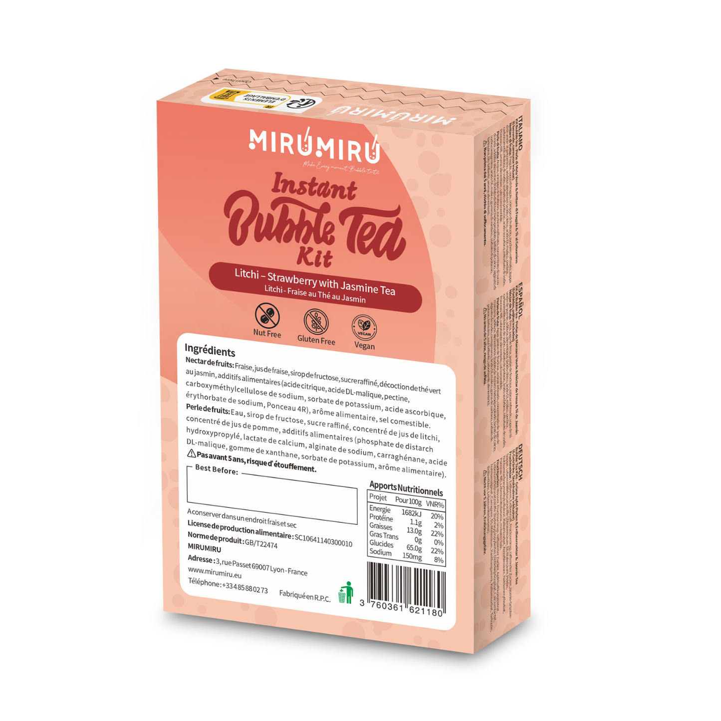 Kit de Bubble Tea - Perlas de Lichi y Néctar de Fresa y Té de Jazmín (6 bebidas, pajitas incluidas)
