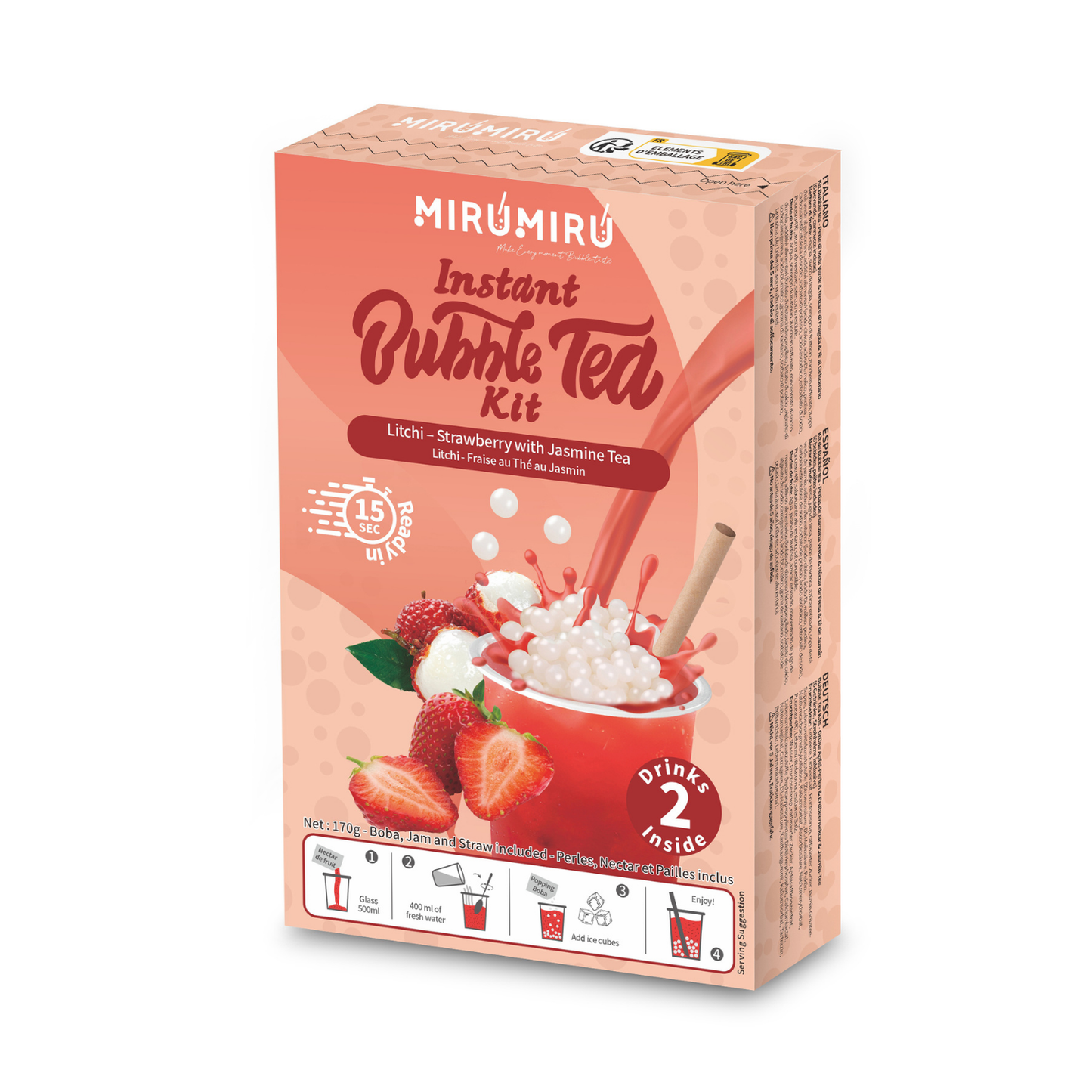 Kit de Bubble Tea - Perlas de Lichi y Néctar de Fresa y Té de Jazmín (6 bebidas, pajitas incluidas)
