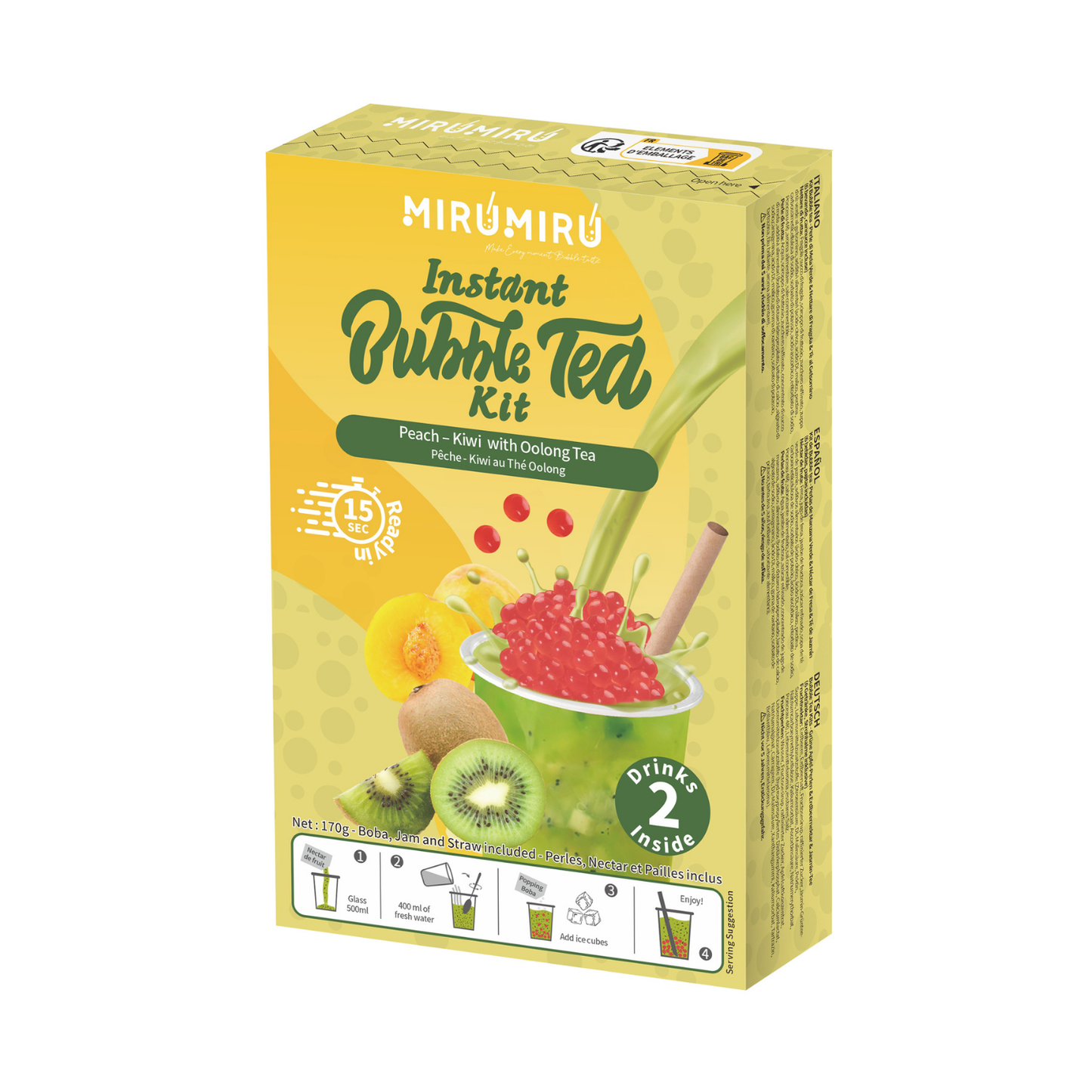 Bubble Tea Kit - Peach Pearls & Kiwi Nectar & Oolong Tea (6 beverages, straws included)
